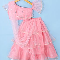 Saka Designs Net Woven Half Sleeves Sequinned Designed Choli Lehenga Set with Dupatta - Pink-image-76