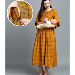 Dummy Shape Three Fourth Sleeves Abstract Printed Maternity Flare Kurta With Concealed Zipper Nursing Access - Mustard Yellow-image-82