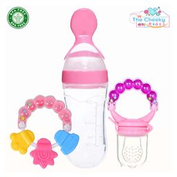 The Cheeky Kidzz Baby Ring Rattle & Fruit Vegetable Nibbler Soother Teether WithSqueeze Silicone Spoon Bottle BPA Free (PINK)-16