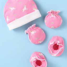 Ben Benny Interlock Knit Cap Mittens & Booties Set with Unicorn Print Pink - Diameter 8.5 cm-0