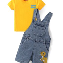 Babyhug Single Jersey Woven Dungaree & Half Sleeves T-Shirt With Dino Embroidery - Blue-image-26
