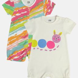 MINI KLUB Cotton Pack Of 2 Half Sleeves Cartoon & Abstract Printed Rompers - Multicolour & White-image-68