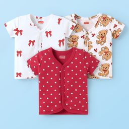 Babyhug 100% Cotton Interlock Knit Half Sleeves Vests With Polka Dots & Teddy Bear Print Pack Of 3 - Red & White-image-41