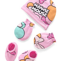 Babyhug Disney Interlock Knit Cap Mittens & Booties Set With Minnie Mouse Graphics - Pink-picture-15