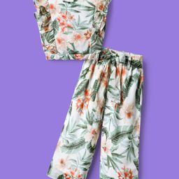 OLLINGTON ST. Woven Printed Co-ord Set Of Flutter Sleeves Top & Culottes With Self Fabric Belt-Green-image-67