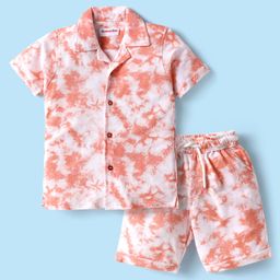 Kookie Kids Knit Woven Shirt & Shorts Co-Ord Set With Tie Dye Print - Coral-image-47