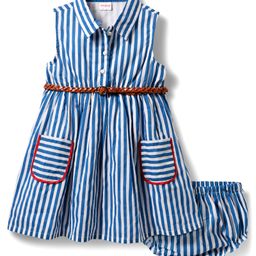 Babyhug Single Jersey Knit Collar Neck Sleeveless Striped Frock With Bloomers & Belt - Blue-picture-22