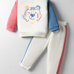 ToffyHouse Cotton Knit Full Sleeves T-Shirt & Lounge Pants Set With Tiger Print - Off White Red & Blue-picture-19
