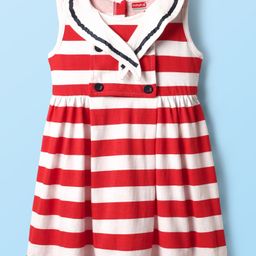 Babyhug 100% Cotton Sleeveless Striped Frock With Sailor Collar Neck - White & Red-image-72