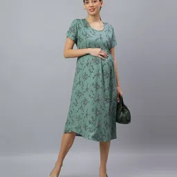 Mamma's Maternity Cotton Woven Half Sleeves Floral Printed Maternity Night Dress With Side Concealed Zipper Nursing Access - Sage Green-picture-5