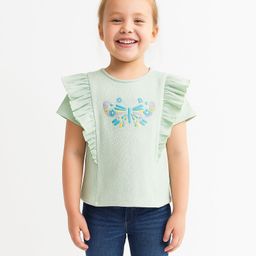 JusCubs Cotton Knit Half Sleeves Frill Detailed & Butterfly Embroidered Top - Green-picture-35