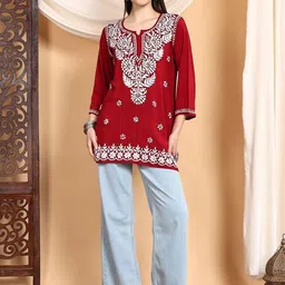 Poshak Chikan Studio Women Chikankari Embroidered Premium Modal Short Straight Kurti-image-81