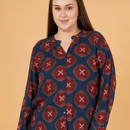 Sztori Women Floral Printed Mandarin Collar Cotton Plus Size Top-image-99