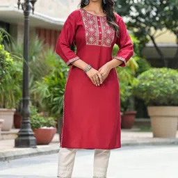 Juniper Floral Embroidered Regular Mirror Work Regular Liva Straight Kurta-49