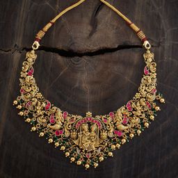 Kushal's Fashion Jewellery 92.5 Pure Silver Gold-Plated Stones Studded Temple Necklace-33