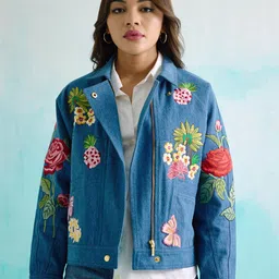 BETRUE Women Floral Cotton Denim Jacket with Embroidered-10