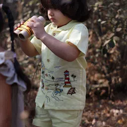 Funny Bones Boys Serenity By Shore Printed Linen Shirt With Shorts-image-18