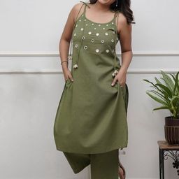 ROOTSOUL Women Yoke Design Regular Mirror Work Pure Cotton Kurta with Palazzos-picture-56