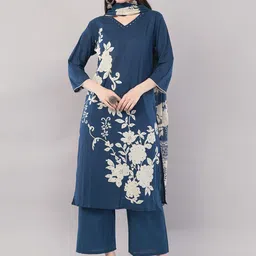 Nakhrelee Floral Printed V-Neck Cotton Straight Kurta With Trousers & Dupatta-picture-11