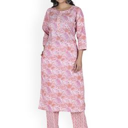Kwatchi Women Floral Printed Staight Kneelength Regular Kurta with Trouser-image-41