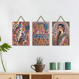 ArtVibes Pink & Blue 3 Pieces Gulabi Gaatha Tales Printed Wooden Hanging Wall Arts-image-97