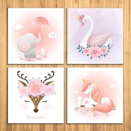 Wens Sparkle Laminated Wall Panels Animal Kingdom Print Set of 4 - Peach White-image-82