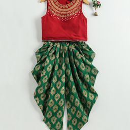 Twisha Embroidered Sleeveless Top With Printed Dhoti - Red-image-47
