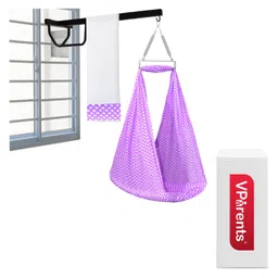 VParents Polka Dots Baby Swing Cradle with Mosquito Net Spring & Metal Window Cradle Hanger - Purple-picture-3