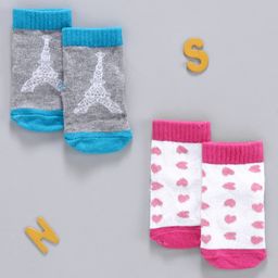 Cute Walk by Babyhug Anti Bacterial Ankle Length Socks Heart & Eiffel Tower Design Pack of 2 - Grey White-16