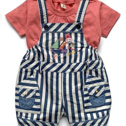 Dapper Dudes Half Sleeves Tee With Striped & Giraffe Patch Dungaree - Pink-image-88