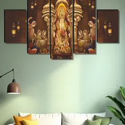 Aura Brown 5 Pieces Wooden Ganesha Religious Wall Art-39