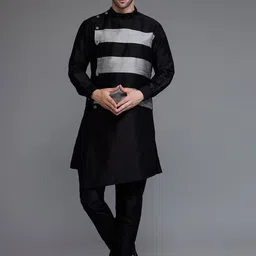 Utsav Fashion Men Colourblocked Panelled Dupion Silk Kurta with Trousers-image-85