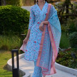 BE IN TEXO FAB V Neck Straight Floral Printed Linen Kurta With Trousers & Dupatta-image-28
