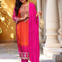 Anni Designer Geometric Printed Thread Work Straight Kurta with Trouser & Dupatta-12