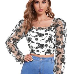 unianta Women Floral Printed Puff Sleeves Square Neck Crop Top-image-27