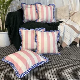 LUSHLYF Cream-Coloured & Blue 5 Pieces Striped Pure Cotton Square Cushion Covers-24
