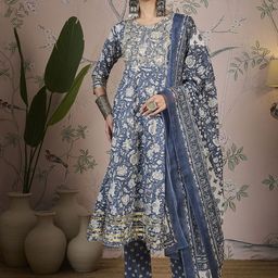 Sangria Floral Printed Embroidery Anarkali Kurta With Trousers & Dupatta-10