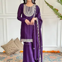KALINI Women Ethnic Motifs Embroidered Regular Sequinned Kurti with Sharara Dupatta-picture-6