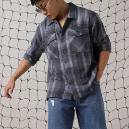 Hubberholme Men Comfort Windowpane Checked Cotton Relaxed Fit Casual Shacket-picture-1