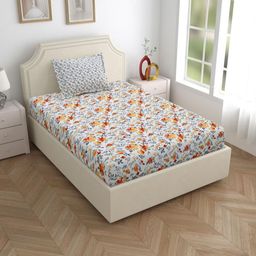 Salona Bichona Orange & White Floral 180 TC Single Bedsheet with 1 Pillow Covers-image-78