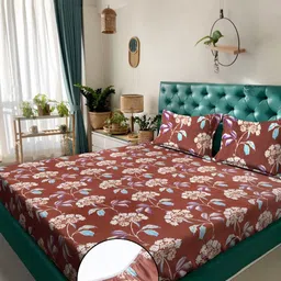 KLOTTHE Rust Printed Pure Cotton 400 TC Fitted King Double Bedsheet Set 2.50m x 2.25m-15