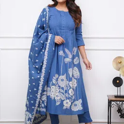 GoSriKi Floral Printed Pin Tucks A-Line Kurta With Trousers & Dupatta-picture-28