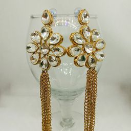 Dhivara Copper-Plated Artificial Stones Studded Tasselled Floral Shaped Drop Earrings-image-81