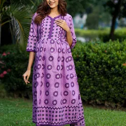 Aujjessa Ethnic Motifs Printed Regular Pure Cotton Maternity Anarkali Kurta with Trousers-picture-11