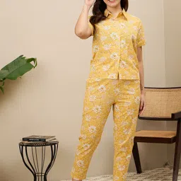 ETC Women Floral Printed Pure Cotton Shirt Collar Night suit-image-50