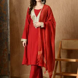 Sangria Embellished Straight Round Neck Long Sleeves Kurta & Trousers With Dupatta-43