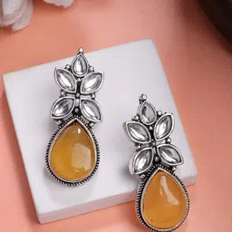 NVR Women Yellow Artificial Stones Silver Plated Drop Earrings-48