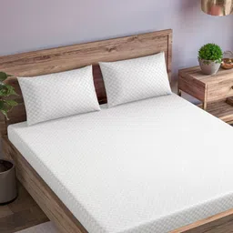 Trance Home Linen White Printed Cotton 300 TC Fitted Single Bedsheet Set-1.82 m x 76.2 cm-image-95