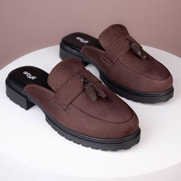 Styli Men Solid Faux Suede Chunky Mules with Tassel-image-36