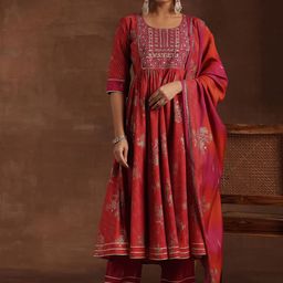 Libas Floral Printed Pleated Mirror Work Anarkali Kurta with Trousers & Dupatta image 1